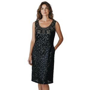 Jewel Queen Women’s Sleeveless Dress VTG 80s Scoop Neck Beaded Sequin Silk M